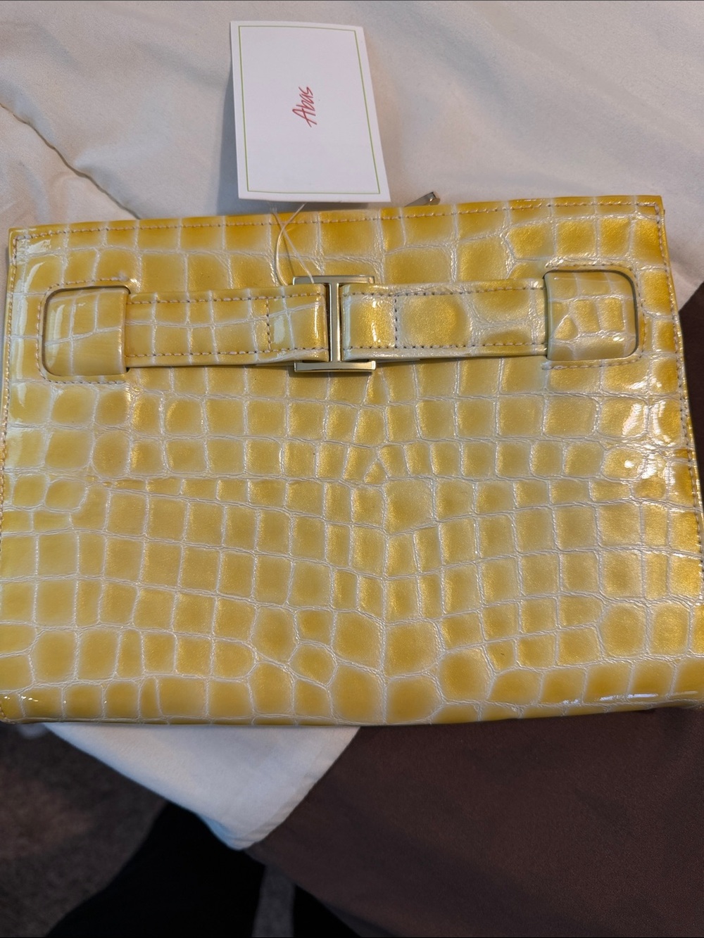 Abas Yellow Croc-Embossed Clutch with Gold T-Bar NWT